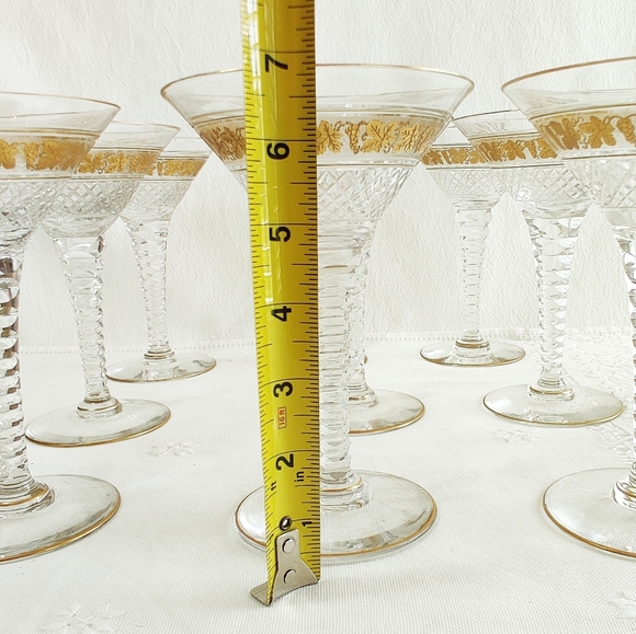 Val St Lambert Cut Crystal Martini Glass Stemware, Set of 9, Gold Gilt Grapevine - Picture 14 of 14